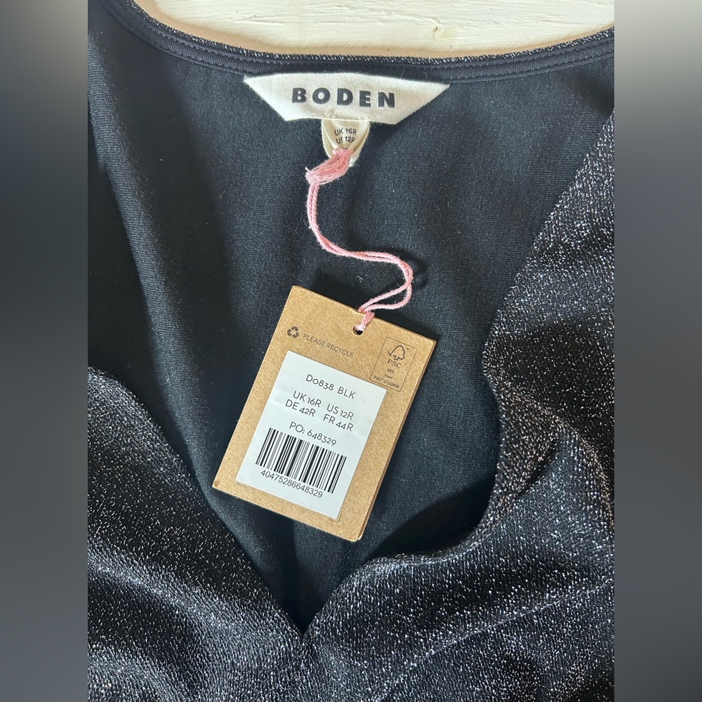 BODEN NWT Black Silver Sparkle Long Sleeve V-Neck Ruched Midi Party Dress Sz 12 - Picture 10 of 16